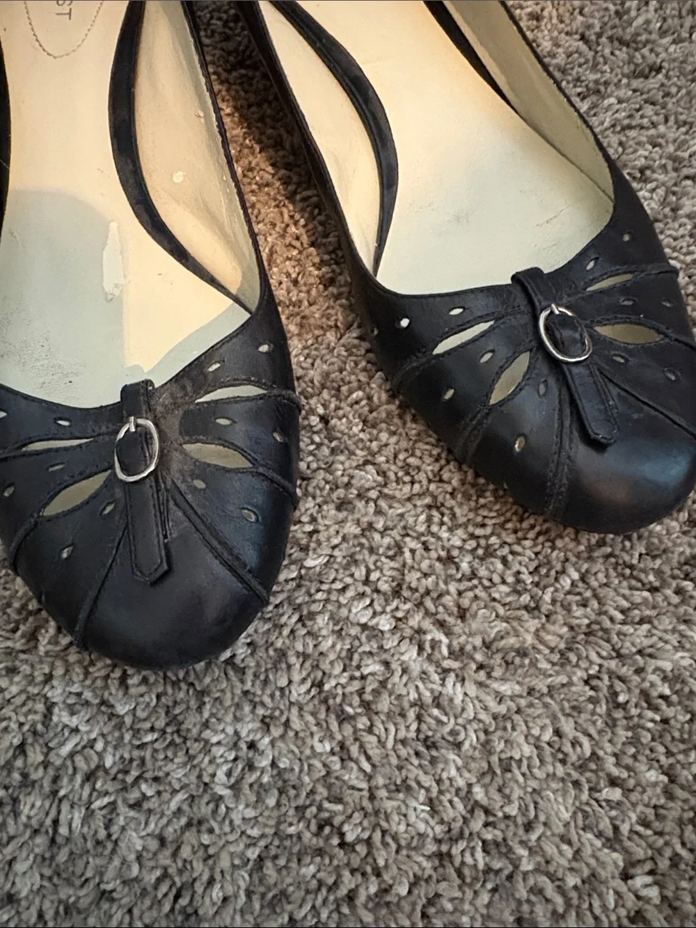 Nine West Black Leather Cutout Ballet Flats with Silver Buckle